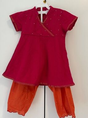Fabindia Girls Ethnic Kurta Salwar Set Pink Orange Sequin Metallic 18-24M